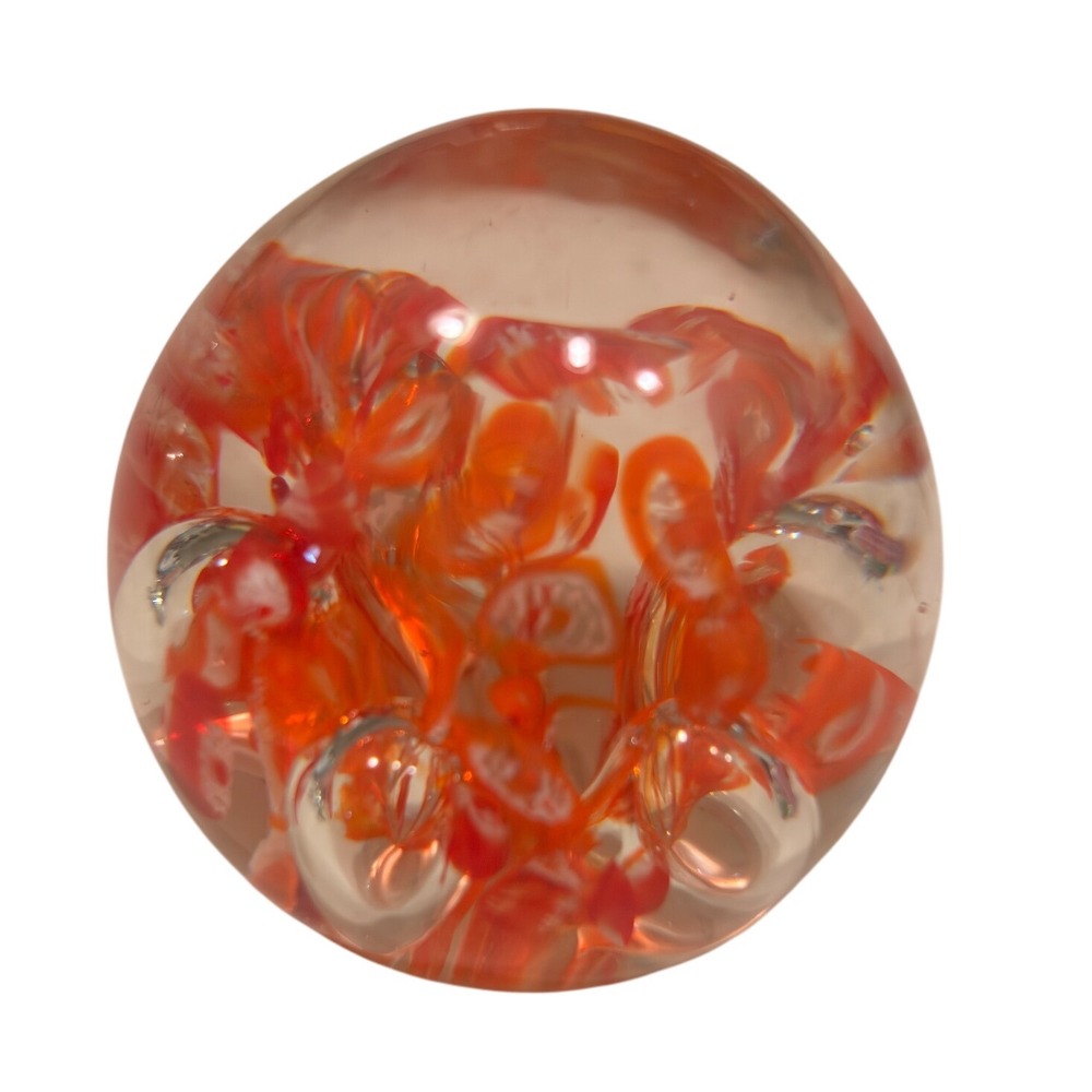 Hand Blown Glass Paperweight Orange Swirl Bubbles Art Decor Sphere